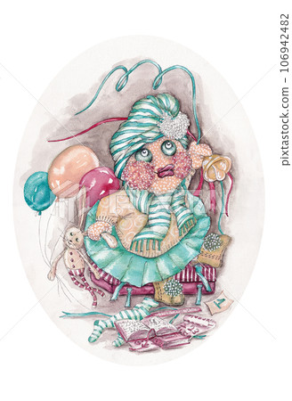 Cartoon duckling in clothes with balloons and books. Watercolor isolated illustration of an oval shape for your design on a white background Cartoon duckling in clothes with balloons and books. Watercolor isolated illustration of an oval shape for your design on a white background 106942482