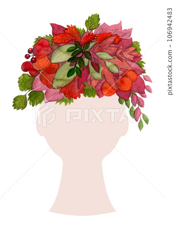 A wreath of autumn leaves in the form of a hairstyle. Watercolor illustration A wreath of autumn leaves in the form of a hairstyle. Watercolor illustration 106942483