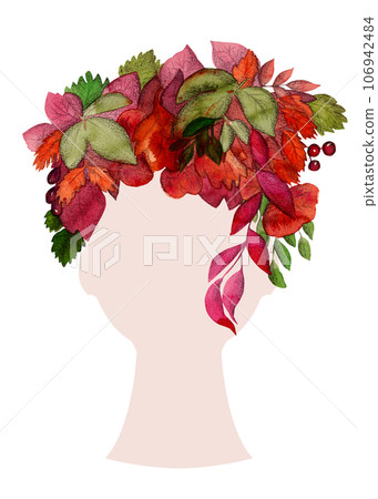 A wreath of autumn leaves in the form of a hairstyle. Watercolor illustration A wreath of autumn leaves in the form of a hairstyle. Watercolor illustration 106942484