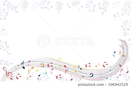 Music Design. Musical wave and scattered notes on a background with leaves. For concerts, music, presentations, certificates. 106942529