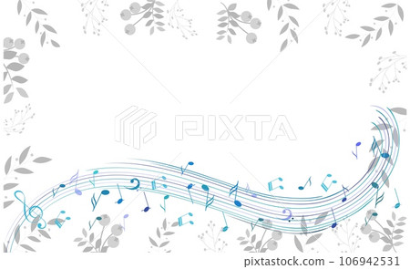 Music Design. Blue musical wave on the background of leaves. For concerts, music, presentations, certificates. Music Design. Blue musical wave on the background of leaves. For concerts, music, presentations, certificates. 106942531