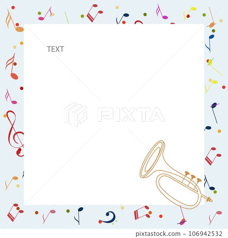 Music Design. Frame with notes and trumpet. For concerts, music, presentations, certificates. Music Design. Frame with notes and trumpet. For concerts, music, presentations, certificates. 106942532
