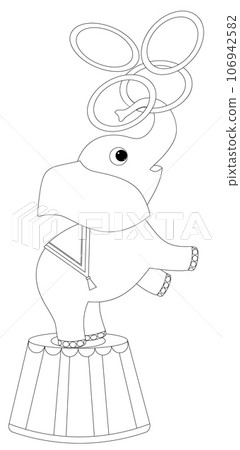 Cute baby elephant plays with rings in the circus. Cute baby elephant plays with rings in the circus. 106942582