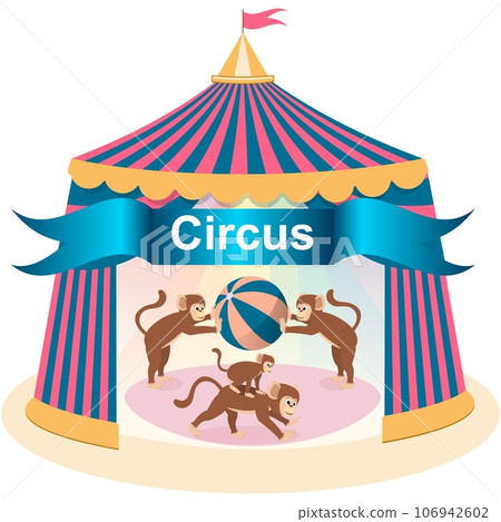 Circus banner, background with tent, monkeys play with a ball. 106942602
