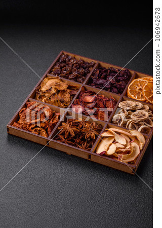 Variation of dry fruits strawberry, apple, cherry, banana, peach, plum and star anise Variation of dry fruits strawberry, apple, cherry, banana, peach, plum and star anise 106942678