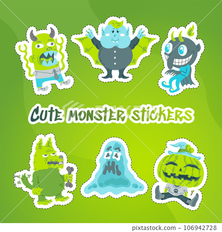 Monster Doodle Character Sticker Pack. Handdrawn vector illustration with Dragon and Fire, Slime Slug, Vampire, Devil, Pumpkin, Witch, All Saints Day concept for mystical party, sale banner, posters 106942728
