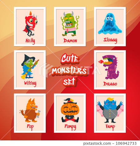 Halloween cartoon character set. Hand-drawn vector illustration with Monster, Slime Slug, Wolf, Devil, Pumpkin, Witch, Dragon, Vampire. Mystery, All Saints Day concept for halloween party, posters Halloween cartoon character set. Hand-drawn vector illustration with Monster, Slime Slug, Wolf, Devil, Pumpkin, Witch, Dragon, Vampire. Mystery, All Saints Day concept for halloween party, posters 106942733