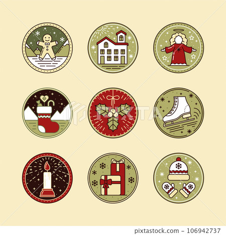 Christmas Icon Set with Ginger, Snow House, Angel, Sock, Mistletoe, Skate, Gifts, Hat, Mittens and Candle in Flat style. For New Year, holidays, Xmas elements Collection vector illustration Christmas Icon Set with Ginger, Snow House, Angel, Sock, Mistletoe, Skate, Gifts, Hat, Mittens and Candle in Flat style. For New Year, holidays, Xmas elements Collection vector illustration 106942737
