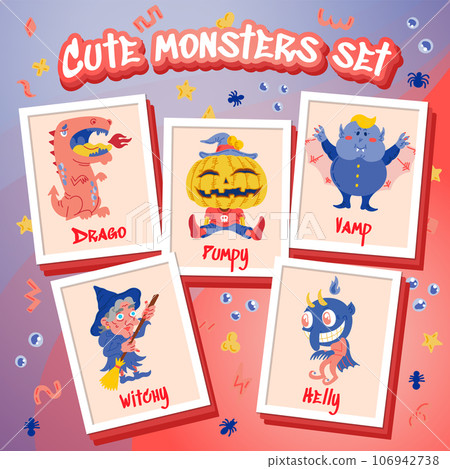 Monster Cartoon Doodle Character set. Hand drawn vector illustration with Dragon, Pumpkin Jack O Lantern, Devil, Witch, Cute Vampire. Concept for party, posters, portraits. Caricature Scary Creatures Monster Cartoon Doodle Character set. Hand drawn vector illustration with Dragon, Pumpkin Jack O Lantern, Devil, Witch, Cute Vampire. Concept for party, posters, portraits. Caricature Scary Creatures 106942738