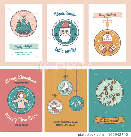 Cute Christmas Card Set with Christmas Trees, Santa, Hat and Mittens, Angel, Cones, Skates, Sock and Champagne. Tags for Gifts, Template for Mailing, Design. Modern collection of illustrations. Vector 106942740