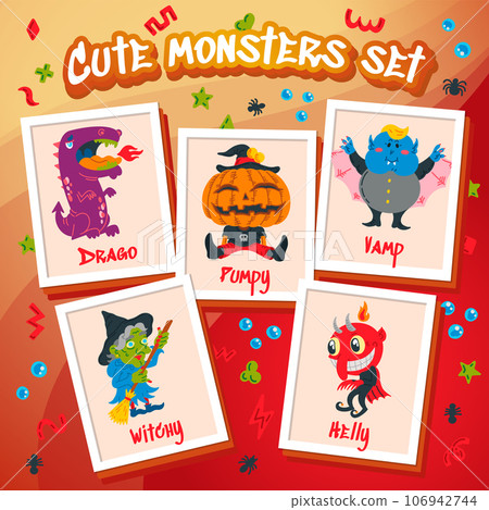 Monster Cartoon Character set. Hand-drawn vector illustration with Beas, Wolf, Devil, Witch. Mystery, All Saints Day concept for Halloween party, posters, portraits. Caricature of Scary Creatures 106942744