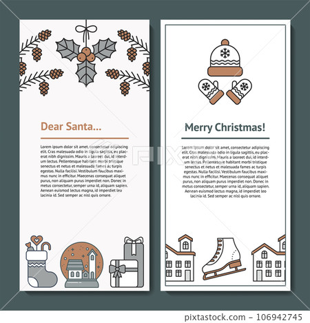 Letter Design Template for Santa, Christmas mail. Letterhead with Copy Space for Text and illustration of Mistletoe, Pine Cone, Snow Globe, Sock, Gifts, Hat, Mitten, House. For greetings, invitations 106942745