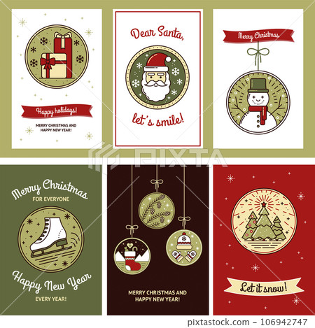 Cute Christmas Card Set with Gifts, Santa, Snowman, Skates, Christmas Tree, Pine Cone, Sock, Hat and Mittens. Tags for Gifts, Template for Mailing, Design. Modern collection. Vector illustrations 106942747