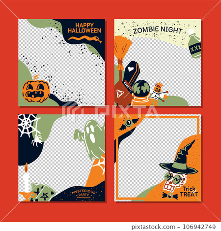 Happy Halloween mysterious party promo sale social media banner template set with magic elements. Pumpkin, potion, candle, Ghost, skull, magic hat. Poster, banner, special offer with transparent part 106942749