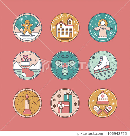 Christmas Icon Set with Ginger, Snow House, Angel, Sock, Mistletoe, Skate, Gifts, Hat, Mittens and Candle in Flat style. For New Year, holidays, Xmas elements Collection vector illustration 106942753