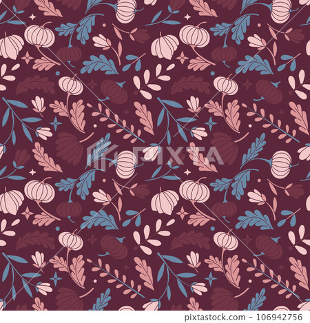 Modern colored seamless violet pattern with flowers and geometric elements. Purple, blue, pink colors. Vector illustration Modern colored seamless violet pattern with flowers and geometric elements. Purple, blue, pink colors. Vector illustration 106942756