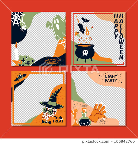 Happy Halloween mysterious social media banner with copy space template set with magic elements. Pumpkin, potion, candle, Ghost, skull, magic hat. Poster, banner, special offer with transparent part Happy Halloween mysterious social media banner with copy space template set with magic elements. Pumpkin, potion, candle, Ghost, skull, magic hat. Poster, banner, special offer with transparent part 106942760