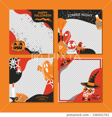 Happy Halloween mysterious party promo sale social media banner template set with magic elements. Pumpkin, potion, candle, Ghost, skull, magic hat. Poster, banner, special offer with transparent part Happy Halloween mysterious party promo sale social media banner template set with magic elements. Pumpkin, potion, candle, Ghost, skull, magic hat. Poster, banner, special offer with transparent part 106942761