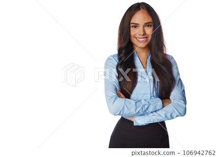 Smile, arms crossed and portrait of business woman for marketing, innovation or vision. Happy, mockup and fashion with isolated female employee for mindset, career or goal in white background studio Smile, arms crossed and portrait of business woman for marketing, innovation or vision. Happy, mockup and fashion with isolated female employee for mindset, career or goal in white background studio 106942762