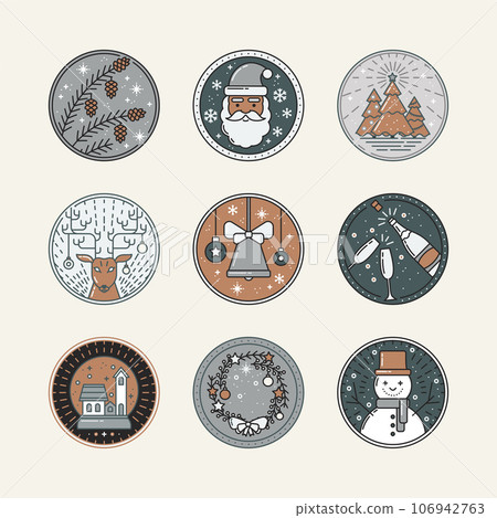 Christmas Icons Set with Snowflakes, Christmas tree, Champagne, Santa Claus, Deer, Wreath, Snowman, Snow Ball in Flat style. For business, holidays, Vector illustration Christmas Icons Set with Snowflakes, Christmas tree, Champagne, Santa Claus, Deer, Wreath, Snowman, Snow Ball in Flat style. For business, holidays, Vector illustration 106942763