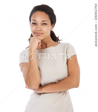 Business woman, portrait and white background of a black woman employee proud of work. Isolated, entrepreneur smile and professional worker ready for job, career and working with mock up space Business woman, portrait and white background of a black woman employee proud of work. Isolated, entrepreneur smile and professional worker ready for job, career and working with mock up space 106942764