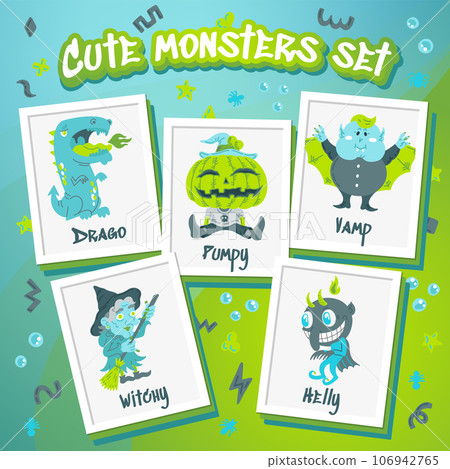 Monster Cartoon Doodle Character set. Hand drawn vector illustration with Dragon, Pumpkin Jack O Lantern, Devil, Witch, Cute Vampire. Concept for party, posters, portraits. Caricature Scary Creatures Monster Cartoon Doodle Character set. Hand drawn vector illustration with Dragon, Pumpkin Jack O Lantern, Devil, Witch, Cute Vampire. Concept for party, posters, portraits. Caricature Scary Creatures 106942765