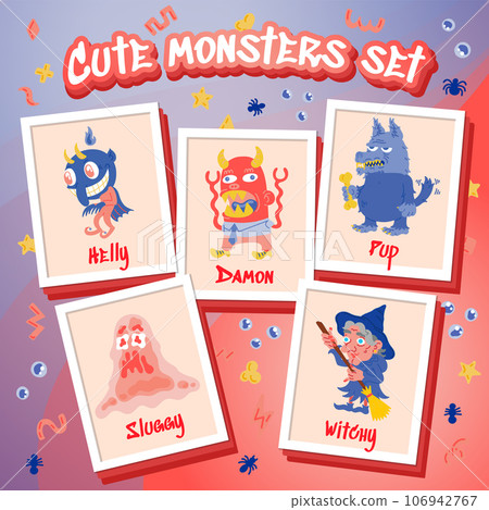Monster Cartoon Character set. Hand-drawn vector illustration with Beas, Wolf, Devil, Witch. Mystery, All Saints Day concept for Halloween party, posters, portraits. Caricature of Scary Creatures Monster Cartoon Character set. Hand-drawn vector illustration with Beas, Wolf, Devil, Witch. Mystery, All Saints Day concept for Halloween party, posters, portraits. Caricature of Scary Creatures 106942767