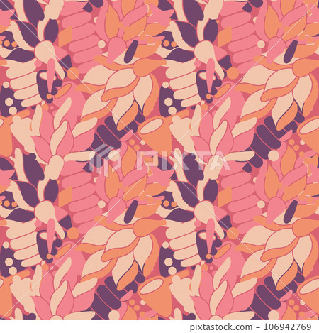 Modern colored seamless pastel pattern with flowers and geometric elements. Purple, orange, pink and beige colors. Vector illustration 106942769