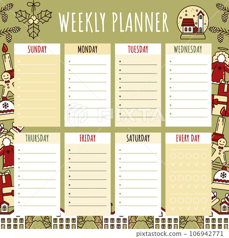 Weekly Planner in Christmas style. Calendar for the Week with a Schedule for Time Planning with Space for Text. Mistletoe, Glass Ball, Pine Cone, Gift, House, Christmas tree. Business Gift Template Weekly Planner in Christmas style. Calendar for the Week with a Schedule for Time Planning with Space for Text. Mistletoe, Glass Ball, Pine Cone, Gift, House, Christmas tree. Business Gift Template 106942771