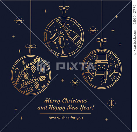 Merry Christmas Greeting Card with Gold Line Art Icons of Pine Cones, Champagne Bottle and Glasses, Snowman on a navy Blue Background with Snowflakes. New Year invitation, Social Media Template Merry Christmas Greeting Card with Gold Line Art Icons of Pine Cones, Champagne Bottle and Glasses, Snowman on a navy Blue Background with Snowflakes. New Year invitation, Social Media Template 106942773