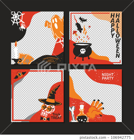 Happy Halloween mysterious social media banner with copy space template set with magic elements. Pumpkin, potion, candle, Ghost, skull, magic hat. Poster, banner, special offer with transparent part 106942775