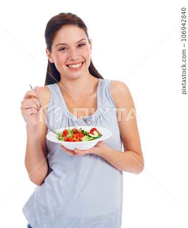Portrait smile, studio woman and salad for weight loss diet, vegan healthcare or vegetables for wellness lifestyle. Food bowl, nutritionist face and health model eating isolated on white background Portrait smile, studio woman and salad for weight loss diet, vegan healthcare or vegetables for wellness lifestyle. Food bowl, nutritionist face and health model eating isolated on white background 106942840
