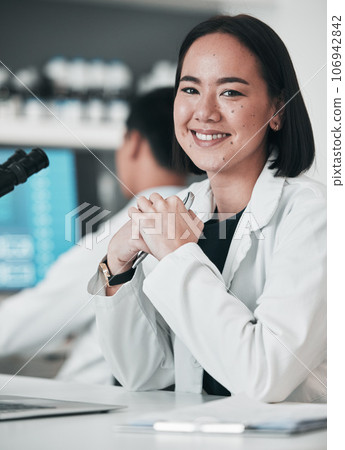 Science, healthcare and portrait of Asian woman in laboratory for research, analysis and study. Chemistry, pharmaceutical and happy scientist with equipment for medical innovation, sample and testing Science, healthcare and portrait of Asian woman in laboratory for research, analysis and study. Chemistry, pharmaceutical and happy scientist with equipment for medical innovation, sample and testing 106942842