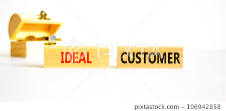 Ideal customer symbol. Concept words Ideal customer on beautiful wooden blocks. Beautiful white table white background. Wooden chest with coins. Business ideal customer concept. Copy space. Ideal customer symbol. Concept words Ideal customer on beautiful wooden blocks. Beautiful white table white background. Wooden chest with coins. Business ideal customer concept. Copy space. 106942858