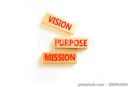Vision purpose mission symbol. Concept word Vision Purpose Mission on beautiful block. Beautiful white table white background. Business motivational vision purpose mission concept. Copy space. 106942893