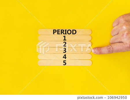 Time to period 3 symbol. Concept word Period 1 2 3 4 5 on wooden sticks. Businessman hand. Beautiful yellow table yellow background. Business planning and time to period 3 concept. Copy space. Time to period 3 symbol. Concept word Period 1 2 3 4 5 on wooden sticks. Businessman hand. Beautiful yellow table yellow background. Business planning and time to period 3 concept. Copy space. 106942950