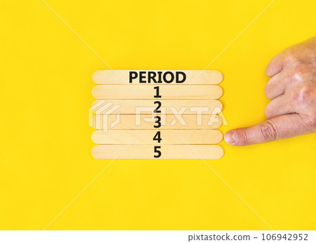 Time to period 4 symbol. Concept word Period 1 2 3 4 5 on wooden sticks. Businessman hand. Beautiful yellow table yellow background. Business planning and time to period 4 concept. Copy space. 106942952