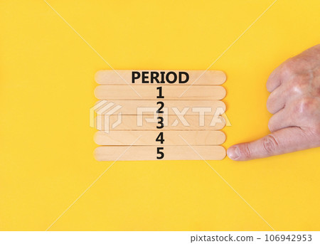 Time to period 5 symbol. Concept word Period 1 2 3 4 5 on wooden sticks. Businessman hand. Beautiful yellow table yellow background. Business planning and time to period 5 concept. Copy space. 106942953