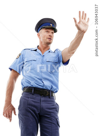 Police, stop and cop as legal professional or law enforcement with authority isolated against a studio white background. Man, gesture and officer in uniform for public service as safety or protection Police, stop and cop as legal professional or law enforcement with authority isolated against a studio white background. Man, gesture and officer in uniform for public service as safety or protection 106943037