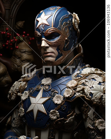 Male superhero character in blue suit with superpowers. AI 106943136