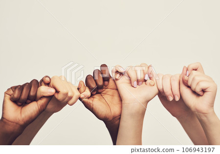 Mockup, hands and group holding thumb, support and community against a studio background. Zoom, people or friends with teamwork, solidarity or partnership with collaboration, fingers or cooperation 106943197