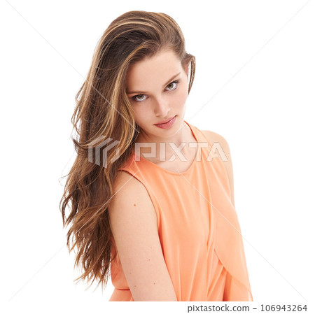 Hair, salon and portrait of woman in studio for wellness, keratin treatment and hair products. Fashion, beauty aesthetic and girl face on white background for cosmetics, hairstyle and luxury shampoo Hair, salon and portrait of woman in studio for wellness, keratin treatment and hair products. Fashion, beauty aesthetic and girl face on white background for cosmetics, hairstyle and luxury shampoo 106943264