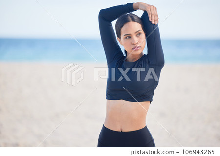 Woman, fitness and stretching arms for exercise, workout or outdoor running with sky background. Serious female person, athlete or runner thinking in wonder for body warm up or cardio training Woman, fitness and stretching arms for exercise, workout or outdoor running with sky background. Serious female person, athlete or runner thinking in wonder for body warm up or cardio training 106943265
