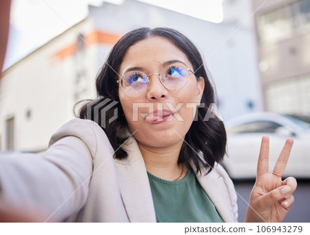 Business woman, selfie and city with peace sign, funny face or glasses for meme, finance career or street. Employee, outdoor and comic icon for memory, photography or profile picture for social media 106943279