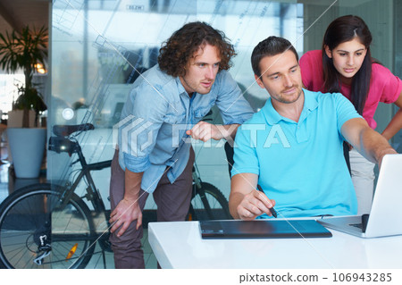 Computer, tablet and teamwork of business people at creative agency for graphic design, illustration and sketch. Laptop, drawing and digital designer, team or man with online ideas or office training Computer, tablet and teamwork of business people at creative agency for graphic design, illustration and sketch. Laptop, drawing and digital designer, team or man with online ideas or office training 106943285