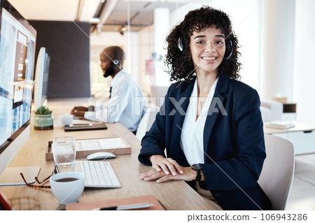 Customer service portrait, computer consulting and woman telemarketing on contact us CRM or telecom. Call center communication, online e commerce or information technology consultant on microphone Customer service portrait, computer consulting and woman telemarketing on contact us CRM or telecom. Call center communication, online e commerce or information technology consultant on microphone 106943286