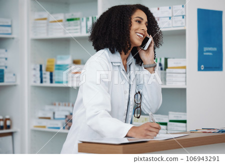 Phone call, counter and pharmacy woman for medicine, customer service or virtual healthcare support. Happy, friendly and expert doctor, medical person or pharmacist talking on cellphone at help desk Phone call, counter and pharmacy woman for medicine, customer service or virtual healthcare support. Happy, friendly and expert doctor, medical person or pharmacist talking on cellphone at help desk 106943291