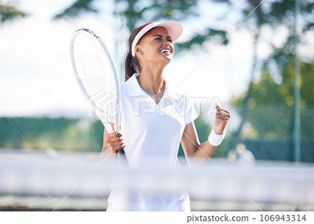 Winner, celebrate and female tennis player playing a match, training or practicing on an outdoor court. Sports, fitness and woman athlete winning at game, exercise or workout at stadium with victory. 106943314