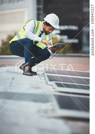 Solar panels, engineering and black man with tablet for construction, maintenance and inspection. Sustainability, renewable energy and electrician with digital tech for clean photovoltaic electricity 106943327