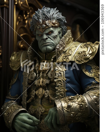 Green-skinned furious superhero with superpowers in classic aristocratic luxury suit. AI Green-skinned furious superhero with superpowers in classic aristocratic luxury suit. AI 106943369